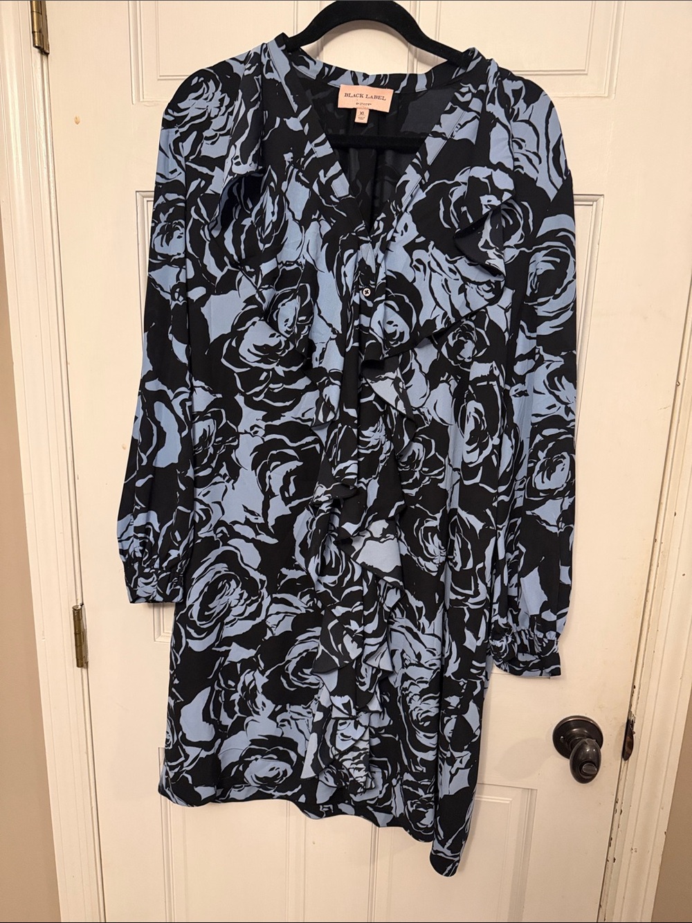 Black Label by Chicos Black & Light Blue Floral Ruffle Long-Sleeve Dress
